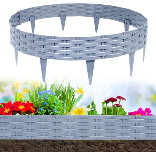 UISEBRT Rasenkante Kunstoff 30m Beeteinfassung Gartenzaun Beetumrandungen Rattan-Optik Randsteine Palisaden Garten Dekorativ Border Blumenbeet Gartenpalisade, Grau