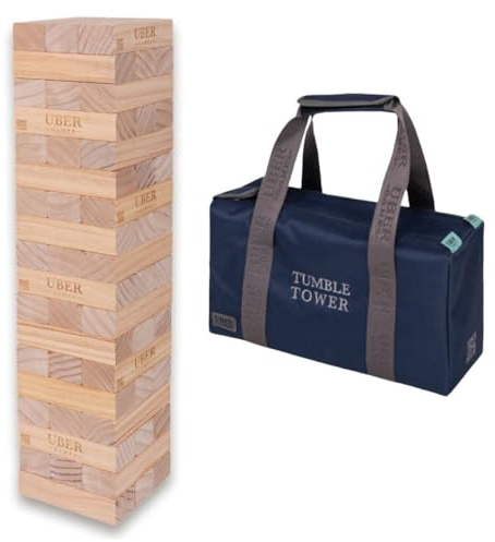 Ubergames Torre tambaleante gigante de hasta 120+ cm XXL Jumbo Hi-Tower en bolsa – 1,2 m (máximo en el juego. Juego de torre de madera de pino macizo - Bloques de lujo extra y bolsa (hasta 120+ cm)