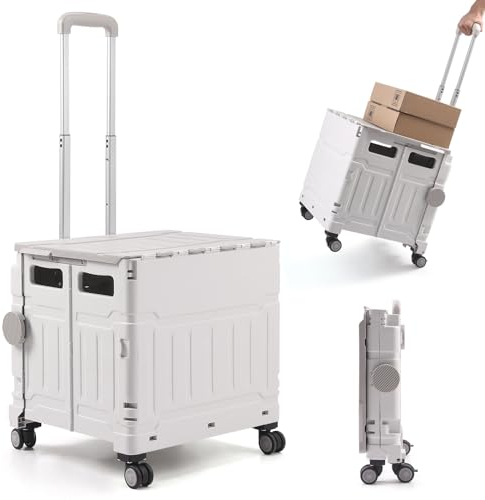 The Fellie Folding Shopping Cart Trolley with One-piece Lid, 50L & 50KG Boot Cart on 4 Wheels, Collapsible Trolley Box Cart with Telescopic Handle for Shopping Picnic Office Laundry(White Grey)