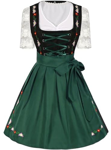 Mymyguoe Robe traditionnelle Dirndl pour femme - Tablier midi - Manches courtes - Élégante - Longue jupe traditionnelle - Grande taille - Moderne - Fermeture haute - Dentelle - Chemisier Dirndl, vert,
