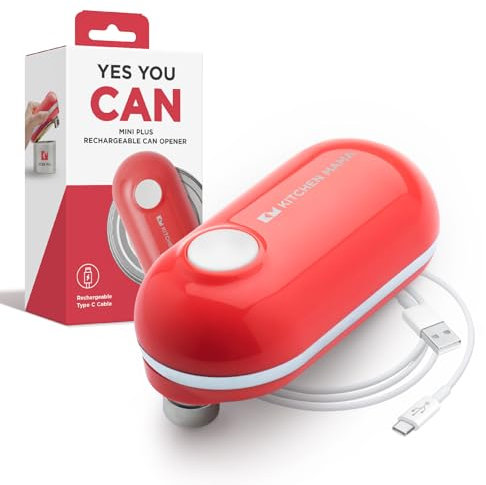 Kitchen Mama Mini Plus Apriscatole elettrico ricaricabile: compatto, ricarica di tipo C, senza uso delle mani, spegnimento automatico, bordo liscio, sicuro per alimenti (Rosso)