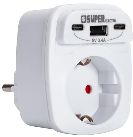 Super Electro 1 Fach Steckdosenadapter, 4 in 1 Steckdosenadapter, Mehrfachstecker mit 2 USB C und 1 USB A, SteckdosenAdapterstecker mit Kindersicherung 4000 Watt für Phone und Haushaltsgeräte