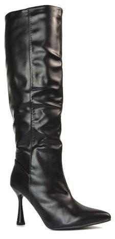 ESSEX GLAM Women's Knee High Heeled Boots Ladies Stiletto Calf Pointed Toe Black Synthetic Leather Size 5