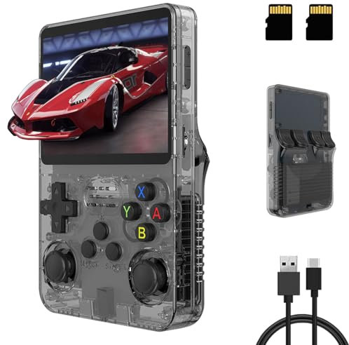 R36S Console de Jeux Portable, QuazarPyon Double Joystick 3D Console Retro Gaming 3,5 Pouces Écran IPS Système Linux Open Source Intégré 25000+ Jeux Classiques Console de Jeux, Carte TF 128G (Noir)