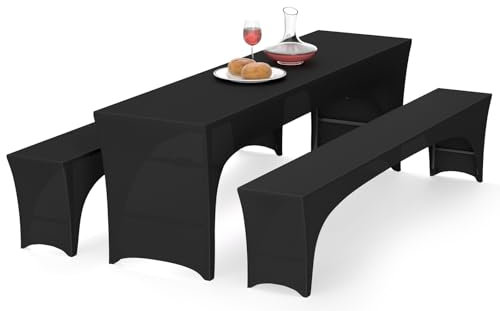 Alishomtll Set di 3 coperture elastiche per tavolo da birra, per tavolo da birra, banchetti, mobili da giardino, 220 x 50 cm, colore nero