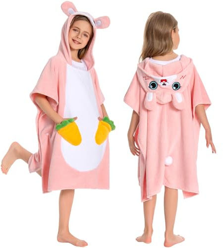 OLAOLA Poncho de Baño con Capucha para Niños, Toalla de Playa Microfibra Suave Toallas de Baño Absorbentes, Poncho de Natación para Niños y Niñas de 3 a 12 Años, Conejo