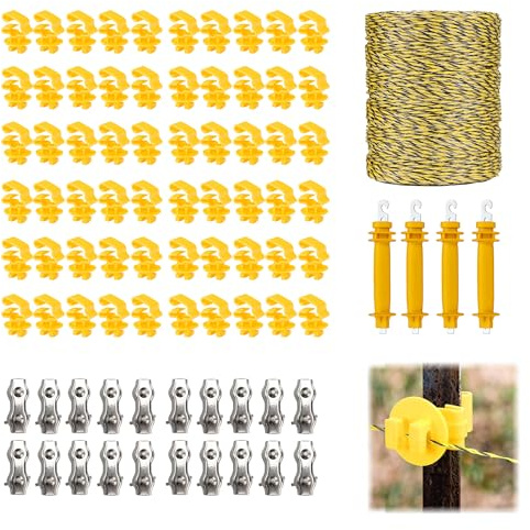 Electric Fence Wire Kit - 1640 Feet 500 Meters Electric Fence Polywire, 50 PCS T-Post Insulators, 4 PCS Robber Electric Fence Gate Handle Insulators, 20 PCS M4 Poly Rope Connectors