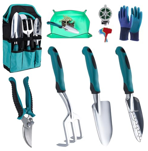 Set di attrezzi da giardino, 12 attrezzi da giardino, pratica custodia e manico antiscivolo, ideale come regalo da giardino per donne e uomini