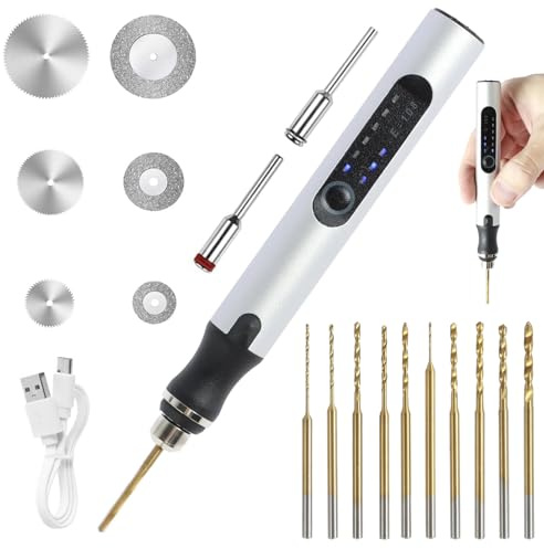 Electric Engraving Tool Kit, 3-Speed Electric Mini Drill Pen with 10 Small Drill Bits and 6 Grinding Accessories, USB Charging for Wood Resin Keychain Pendant Earring Jewelry