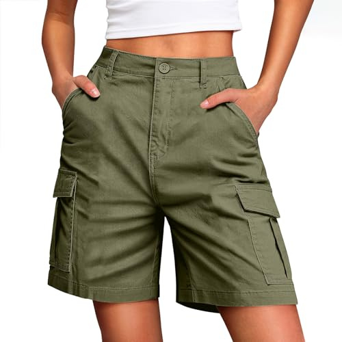 Women Cargo Shorts Bermuda Cargo Shorts Women Elastic High Waist Summer Pants with 4 Pockets 2025 Hiking Work Short Relaxed Fit Sports Sweat Pants Loose Golf Loungepants Army Green L