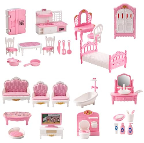 Mobili per casa delle bambole 4 set Set di mobili per casa delle bambole in miniatura realistici per camera da letto, bagno, cucina e soggiorno Accessori fai da te per giochi di finzione, decorazioni
