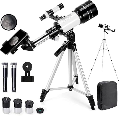 Telescopio Astronómico para Niños y Adultos, Apertura de 70mm, Distancia Focal de 300mm, Zoom 15X-150X, Incluye Trípode, Adaptador para Teléfono Móvil y Bolso de Transporte