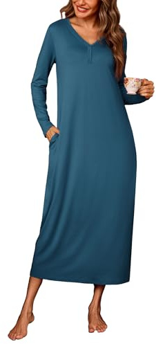 Leversic Camicia da Notte Donna Manica Lunga Camice da Notte Cotone Vestito da Notte Invernale con Tasche Pigiama Tinta Unita Azzurro M