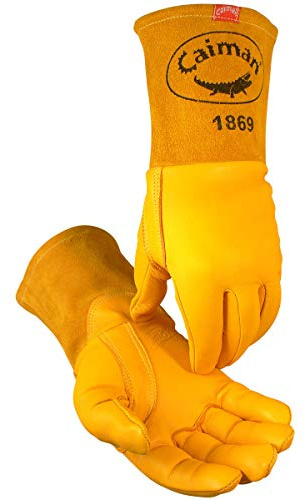 Caiman Premium Top Grain Goatskin MIG Welding Gloves, DuPont Kevlar Stitching, Unlined, 4-inch Gauntlet Cuff, Gold, Large (1869-5)