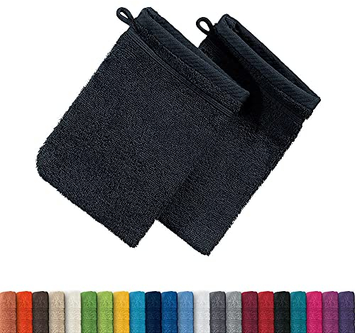 Erwin Müller Waschhandschuh Heidelberg 2er- Pack, 100% Baumwolle schwarz Größe 15x21 cm - weiche Qualität, saugstark und strapazierfähig - praktisch durch Schlaufe (weitere Farben)