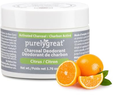 Purelygreat Citrus Scented Activated Charcoal Deodorant Cream for Men & Women | Natural Hygiene Essentials with Soda & Shea Butter | Chemical Free & Aluminum Free Deodorant Women & Men, 1.76 oz / 50g