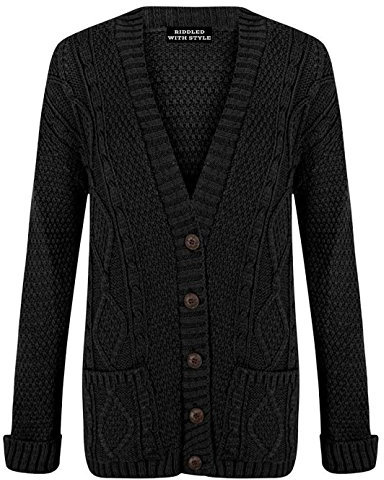 Purple Hanger Women's Long Sleeve Cable Knit Chunky Cardigan (Black, 20-22)