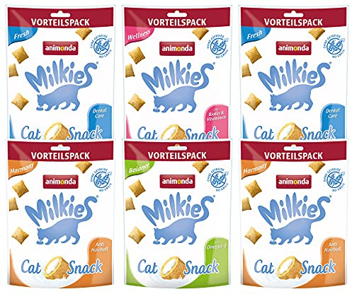 animonda Milkies Snack per gatti con latte – snack al latte Selection Multipack (6 x 120 g), cuscino senza cereali, per gatti adulti