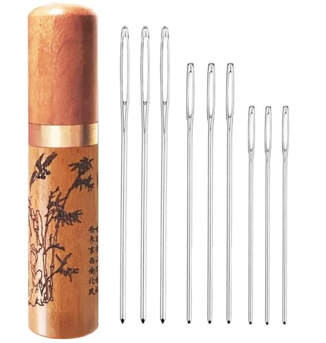 Large Eye Needles, 9PCS Yarn Needles, with Wooden Needle Case Carving Pattern