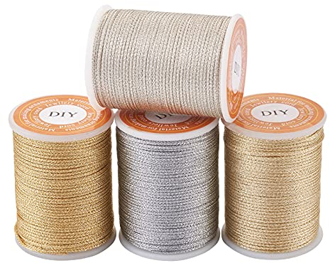 Pandahall - Hilo trenzado de poliéster de 1 mm con cordón metálico, 4 colores, cuerda de cuerda para pulseras, joyas, macramé y manualidades
