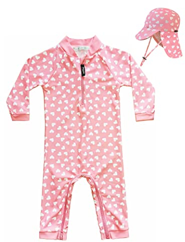 weVSwe Baby Mädchen Badeanzug UV-Schutz Einteiler mit Kleinkind Sonnenhut Flap Cap Rosa Herz 6-12 Monate