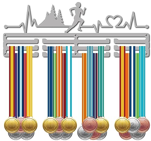 CREATCABIN Lauf-Medaillenaufhänger Zum Aufhängen,Medaillenhalter,Rack,Sport,Metall,Aufhängen,Sportler-Auszeichnungen,Eisen,Wandhalterung,Dekor Über 60 Medaillen Für Läufer,Abzeichen,Silber,40x15cm