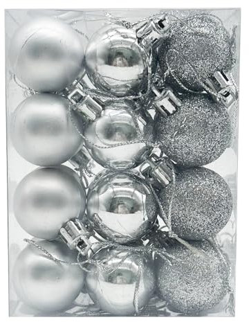 Lot de 24 boules de Noël de 30 mm - Décoration incassable - Mini boules à suspendre pour sapin de Noël - Vacances - Décoration de fête de mariage - Argenté