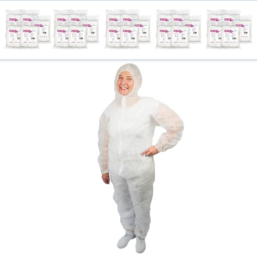 50x ARNOMED® Combinaison Jetable L Extra Fort, Combinaison Travail Homme & Femme Sécurité, Combinaison Jetable de Peintre & Bâtiment, Combinaison de Protection & Amiantée, (Blanc)