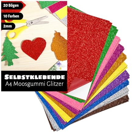 20 Bogen Moosgummi Glitzer, A4 Moosgummi Platten Selbstklebend 2mm Stark Glitzerpapier zum Basteln Bastelpapier Bunt für DIY Bastelarbeiten Handwerk Scrapbooking（20 x 30cm）