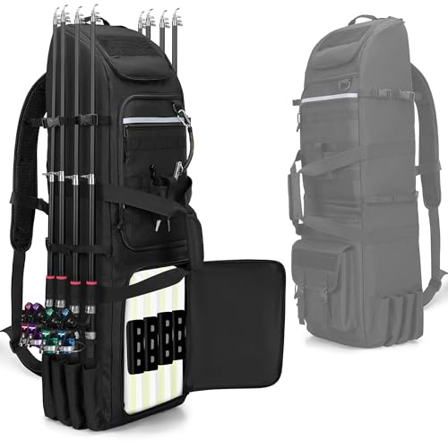 Rexmica Fishing Backpack Holds 8 Rods & Reels, Fishing Tackle Bag with Compartment for Tackle Boxes, Gear or Equipment, Fishing Rod Case Bag with Tactical Molle System