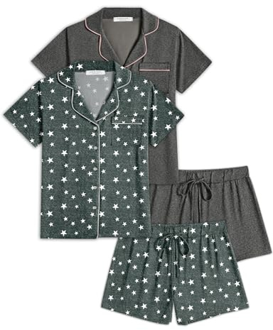 Ekouaer 2 Pack Womens Pajamas Set Button Down Summer Sleepwear Short Sleeve Comfy Pjs Loungewear Set(GP4,M)