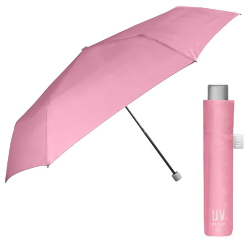 PERLETTI Ombrello Parasole Anti UV Pieghevole Super Compatto - Ombrello Pioggia Sole Piccolo da Viaggio Donna - Ombrellino Antivento Mini Extra Slim da Borsa Tascabile - Diametro 91 cm (Rosa)