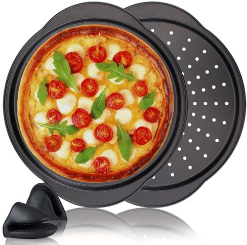 Pleafind Pizzablech, 2 Stück Pizzapfannen 32 cm rund, Carbonstahl antihaftbeschichtet, Durchmesser 32 cm, geeignet für Pizza, backofenfest, spülmaschinengeeignet, bis zu 500 ℉ hitzebeständig