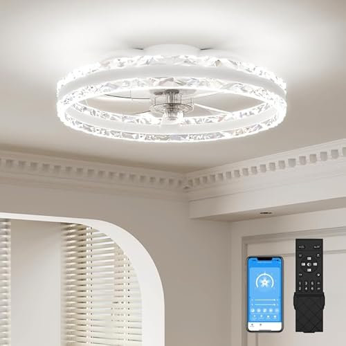 VOLISUN Ceiling Fans with Lights and Remote, 50cm Modern Smart LED Ceiling Fan Light, 6 Speeds and 3000K-6500K Dimmable Quiet Fan Ceiling Lights for Bedroom Living Room Dining Room (White)