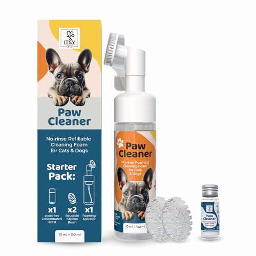 ITSY Pets Refillable Paw Cleaner for Dogs & Cats - No Rinse Foam with Reusable Bottle, 2 Silicone Brush Heads & Concentrate Refill - Paw Wash for All Breeds (Starter Pack)