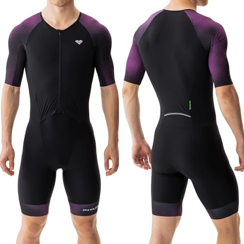 MY KILOMETRE Herr Triathlondräkt Kort Ärm – Ettstycks Trisuit Andningsbar & Snabbtorkande med Bakficka(Lila S)