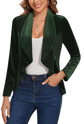 LADI TREND Blazer da donna in velluto, stile retrò, vintage, aperto sul davanti, a maniche lunghe, con volant, sfoderato, vestibilità regolare, per ufficio, riunioni, riunioni sociali, cocktail party