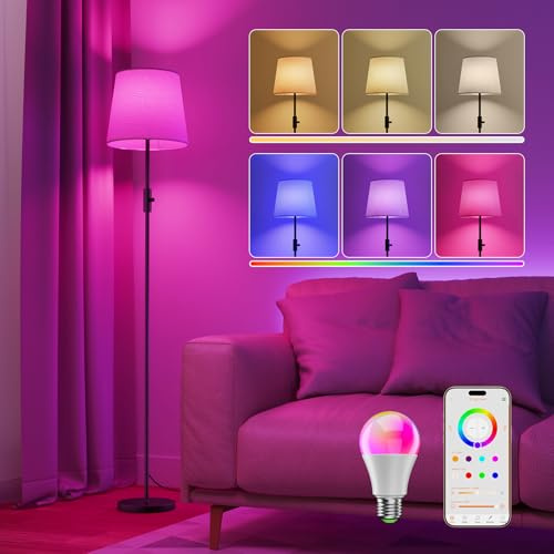 DUSKTEC Lampadaire sur Pied Salon Connecté Alexa Multicolore 2700K-6000K, Lampadaire RGB Dimmable avec Abat Jour Tissu Beige et Ampoule LED Intensité Variable pour Chambre, Chambre d'Enfant