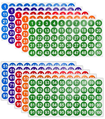 SGERUFZ 5 fogli adesivi numerici, numeri da 1 a 100, etichette adesive impermeabili per categorizzazione inventario, organizzazione e scatole di stoccaggio, 500 pezzi (2,5 cm) (colori assortiti)
