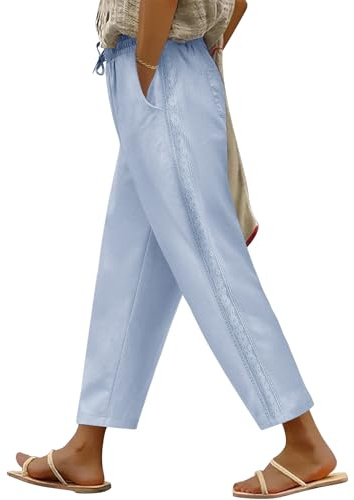PASUDA Pantalones Mujer Verano 7/8 Algodón Cómodos Largos Pantalón Elástico Cintura Alta Casual Flojo Ligeros Playa Rectos Pantalon Frescos con Bolsillos y Cordón(Azul,L)