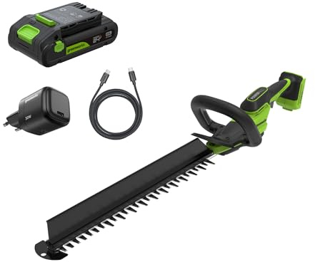 Greenworks Tagliasiepi a batteria 24V 61 cm con batteria inclusa, motore brushless, lama doppia azione 28 mm, Hedge Sweeper, caricabatterie HT6102A2