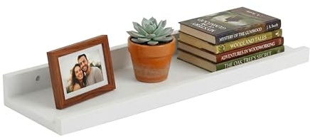 Relaxdays Vägghylla, HxBxD: 5 x 40 x 15 cm, valnötsträ, svävande hylla för fotoramar och dekoration, bildlist vägg, vit