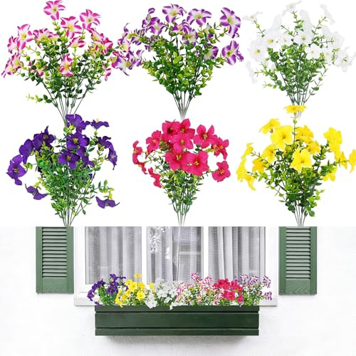 ADORAMOUR Petunias Artificiales 6 Piezas, 6 Colores Surtidos, Flores de Seda Sintética UV Resistentes para Exterior, Plantas Sin Mantenimiento Jardín Terraza Porche Decoración