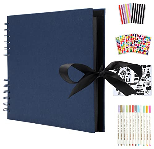 AIOR Album Fotografico Spirale Scrapbook 80 Pagine Nere, Album Ricordi Guestbook Matrimonio, Regali Natale San Valentino Idee Regalo di Anniversario Compleanno (Blu)