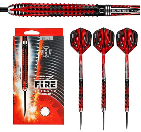 Fire Inferno 90% volfram dartpilar | Set med stålspets | 21g, 22 g, 23 g, 24 g, 25 g och 26 g | Inkluderar supergrip-tändaxlar och 100 mikron brandklaffar (24 g)
