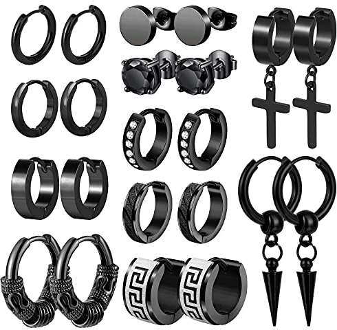 Funtopia Herren-Ohrringe, Funtopia 11 Paar Edelstahl-Ohrringe für Männer, kleine Creolen, Kreuz-Ohrringe, Set, modische Huggie-Ohrringe, Piercing-Schmuck für Party, Geburtstag, Weihnachten, Geschenk
