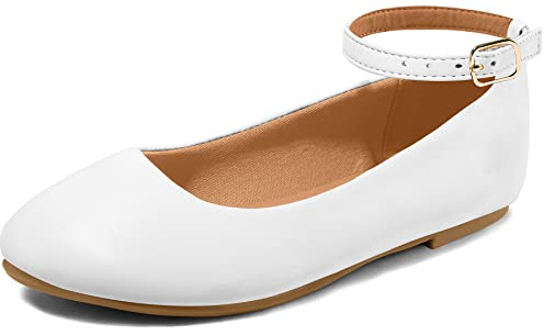 K KomForme Girl's Ballerina Flat Ankle Strap Dress Ballet Flat Shoes (Toddler/Little Kid/Big Kid) for Wedding Party School White-pu