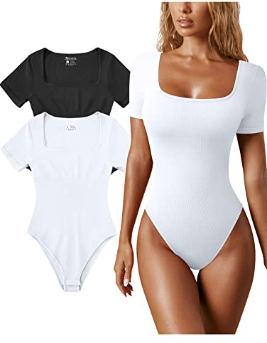 OQQ 2 Pièces Bodys pour Femme Col Carré Manche Courte Body Basique Côtelé Sans Couture Bodysuit