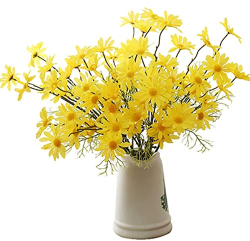 OUKEYI 12 paquetes de flores artificiales, margaritas de seda, resistentes a los rayos UV, arbustos vegetales, arreglos de plantas para el hogar y el jardín para decoración (amarillo)