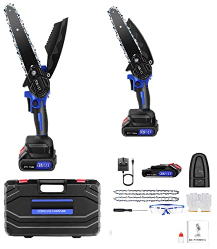 Mini Chainsaw Cordless 6Inch, Brushless Electric Chain Saws Wood Cutter with Battery, One-Hand Woodworking Chainsaw 5300 RPM, 42x12x7.5cm, Blue